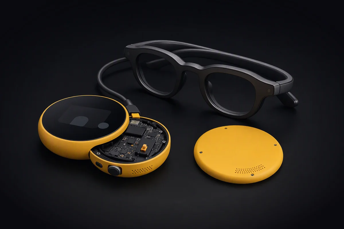 A rounded yellow compute puck with its back cover lifted off beside it, showing the board, plain display glasses folded behind it