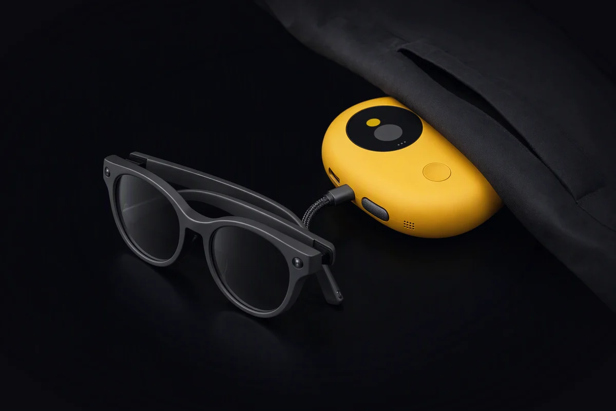 Plain unbranded display glasses folded on a dark surface, joined by a short braided cable to a rounded yellow compute puck slipping into a jacket pocket