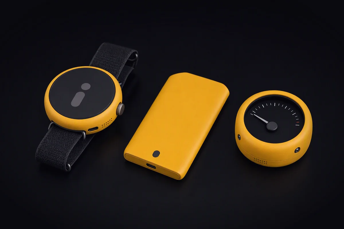A wrist unit on its strap beside a flat pouch battery, with a small analogue meter whose needle sits close to empty