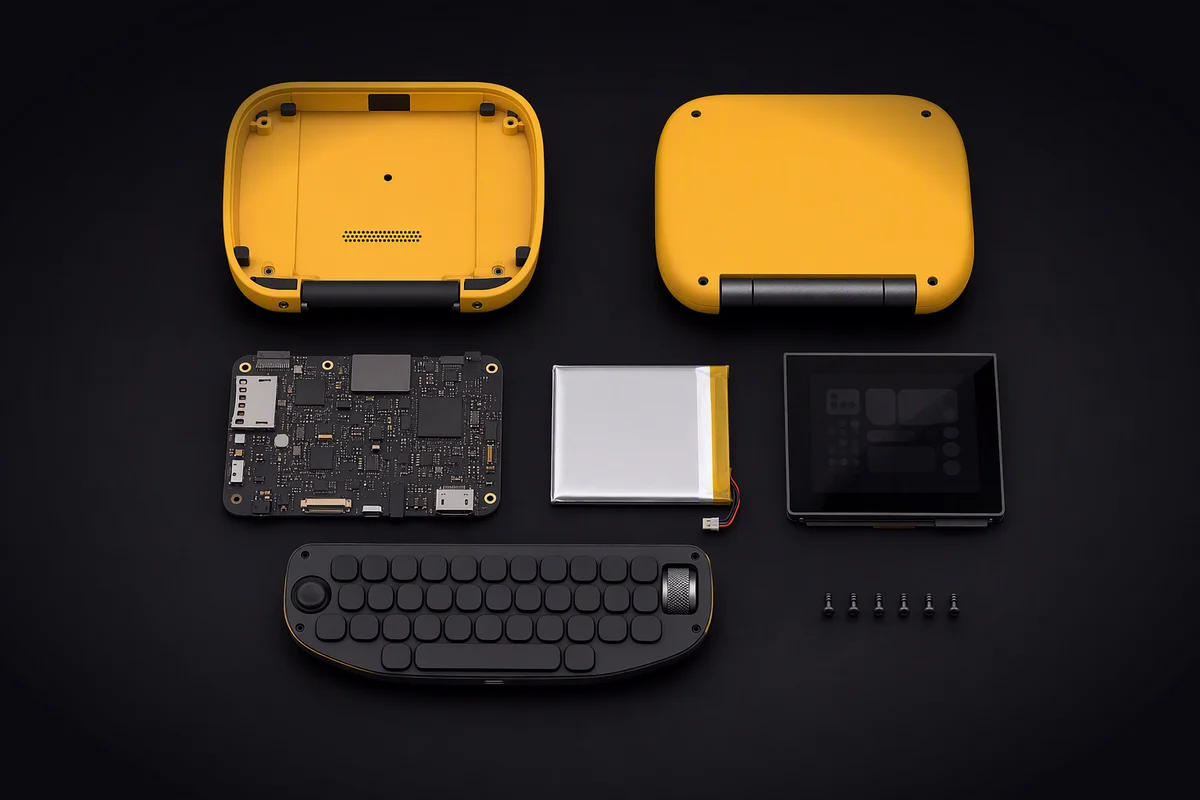 The parts of an unassembled pocket deck laid out in neat rows: shell halves, circuit board, battery, keyboard, screen and screws