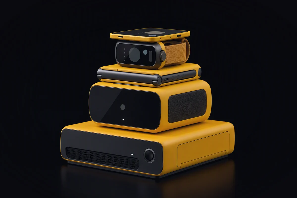 Five devices of one line stacked into a small tower: a robot module, a home hub cube, a closed pocket deck, a wrist unit and a card on top