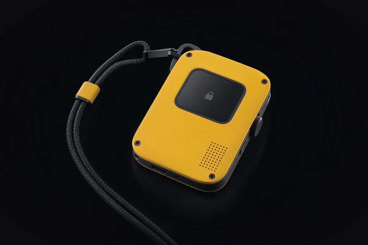A card computer lying on the back seat of a taxi, its small display showing only a padlock