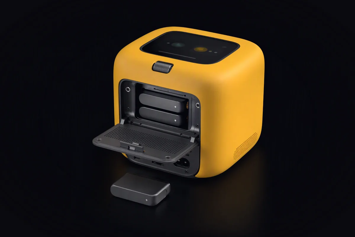 A home hub cube seen from behind with its back panel open, two storage cartridges inside and a third lying in front