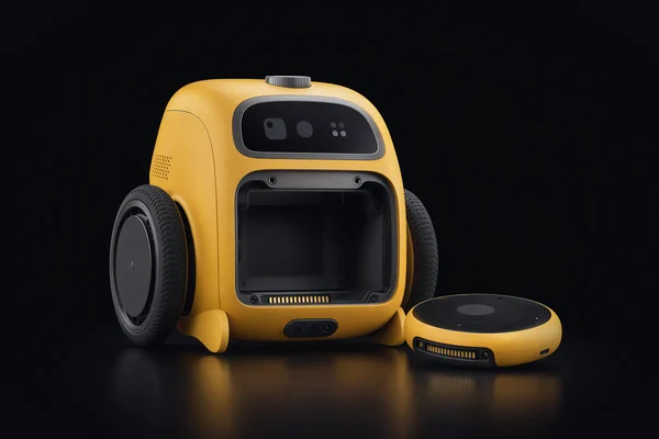 A small two-wheeled home robot with an open chest bay, its compute module resting on the floor beside it