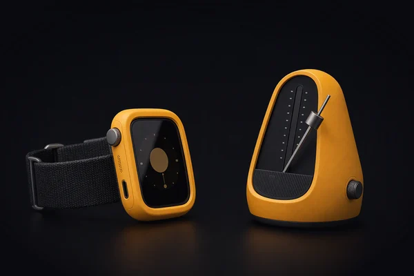 A wrist unit in profile beside a small rounded metronome with its arm frozen mid-swing
