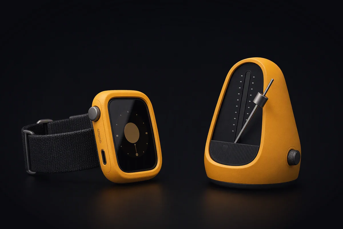 A wrist unit in profile beside a small rounded metronome with its arm frozen mid-swing