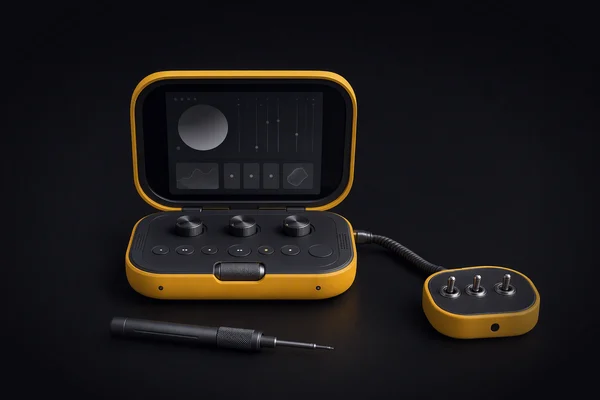 A pocket deck cabled into a small box with three toggle switches, a precision screwdriver lying in front