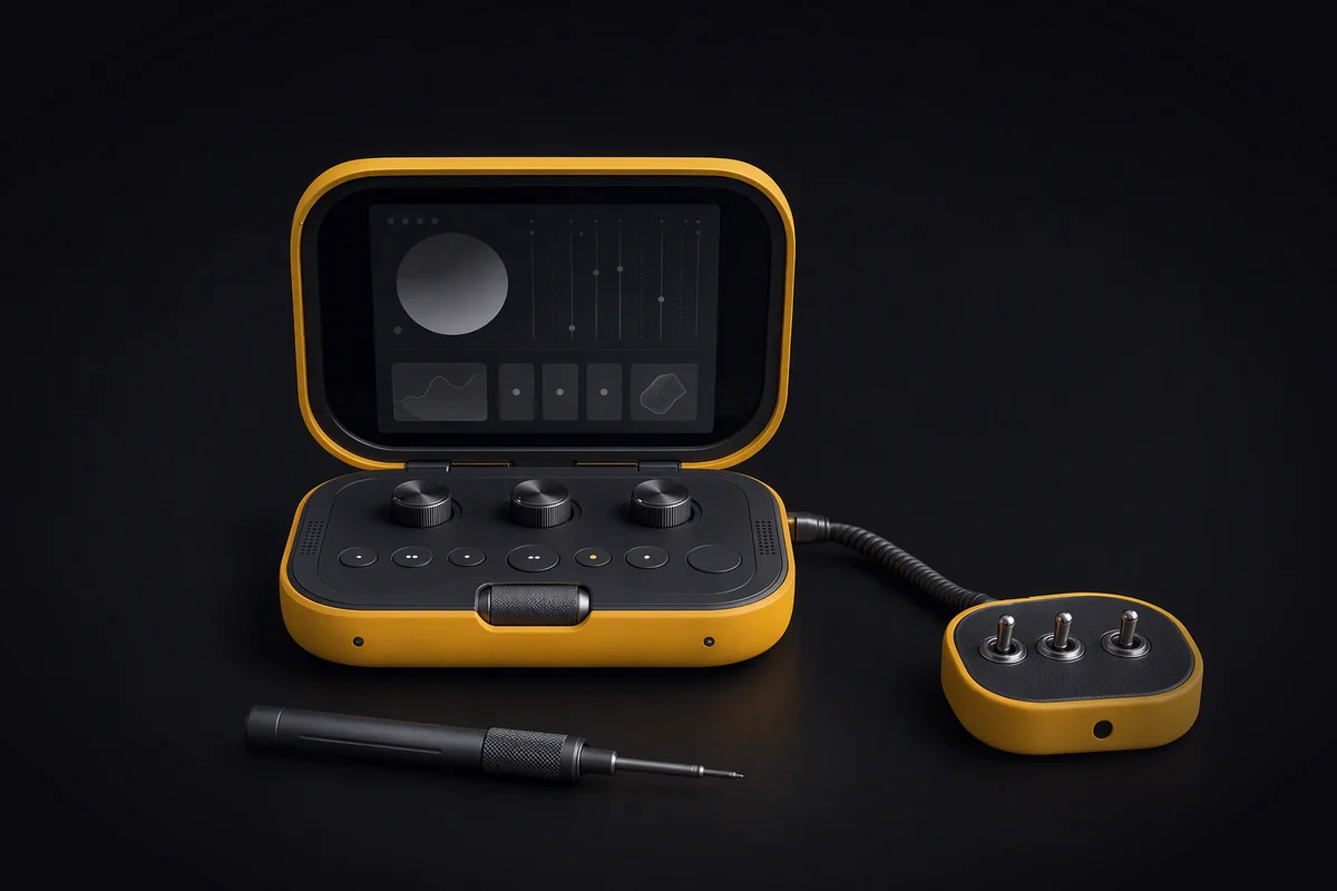 A pocket deck cabled into a small box with three toggle switches, a precision screwdriver lying in front