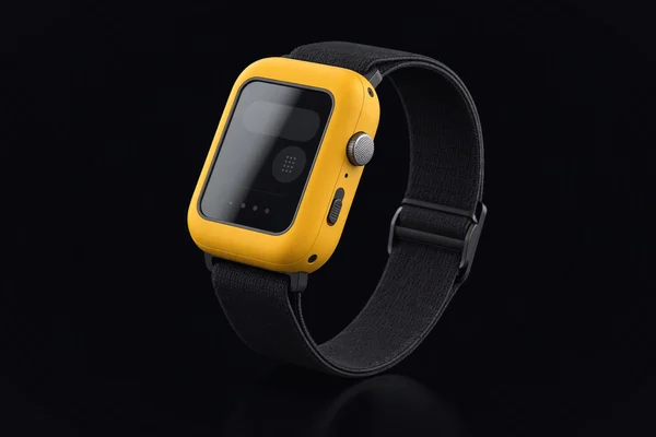 KyberDeck Band, a yellow wrist unit with a small display and a knurled crown on a fabric strap