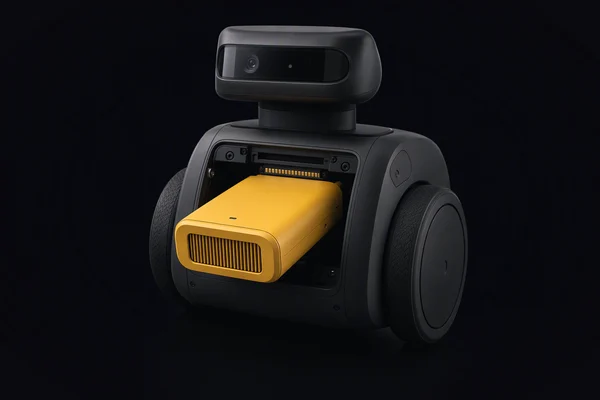 KyberDeck Core, a yellow compute module sliding into the chest bay of a small graphite service robot