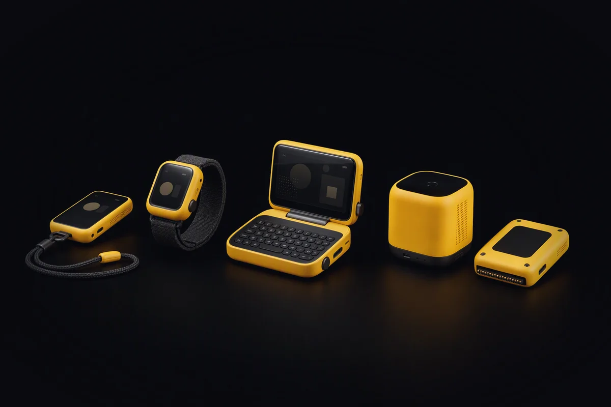 The KyberDeck family in one yellow shell: a card on a lanyard, a wrist unit, an open pocket deck, a home node and a robot compute module