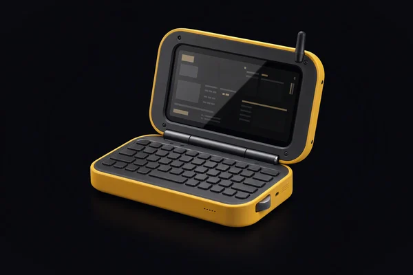 KyberDeck Pocket, a yellow clamshell handheld computer with a thumb keyboard and a wide screen